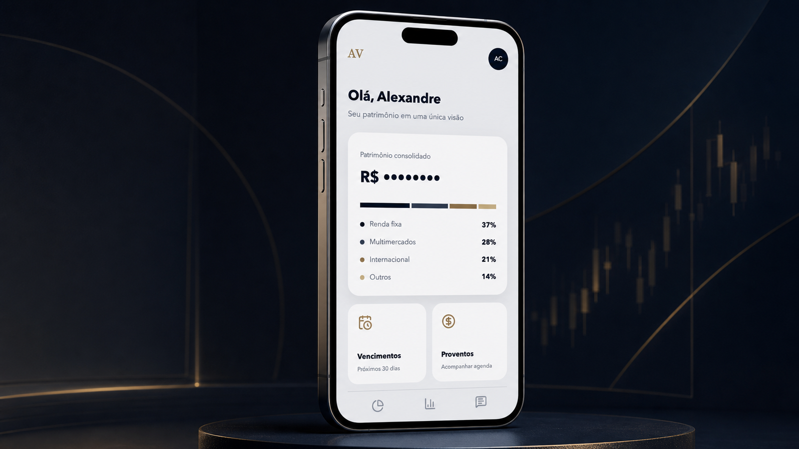 Conceito visual do aplicativo AV Wealth com patrimônio consolidado.